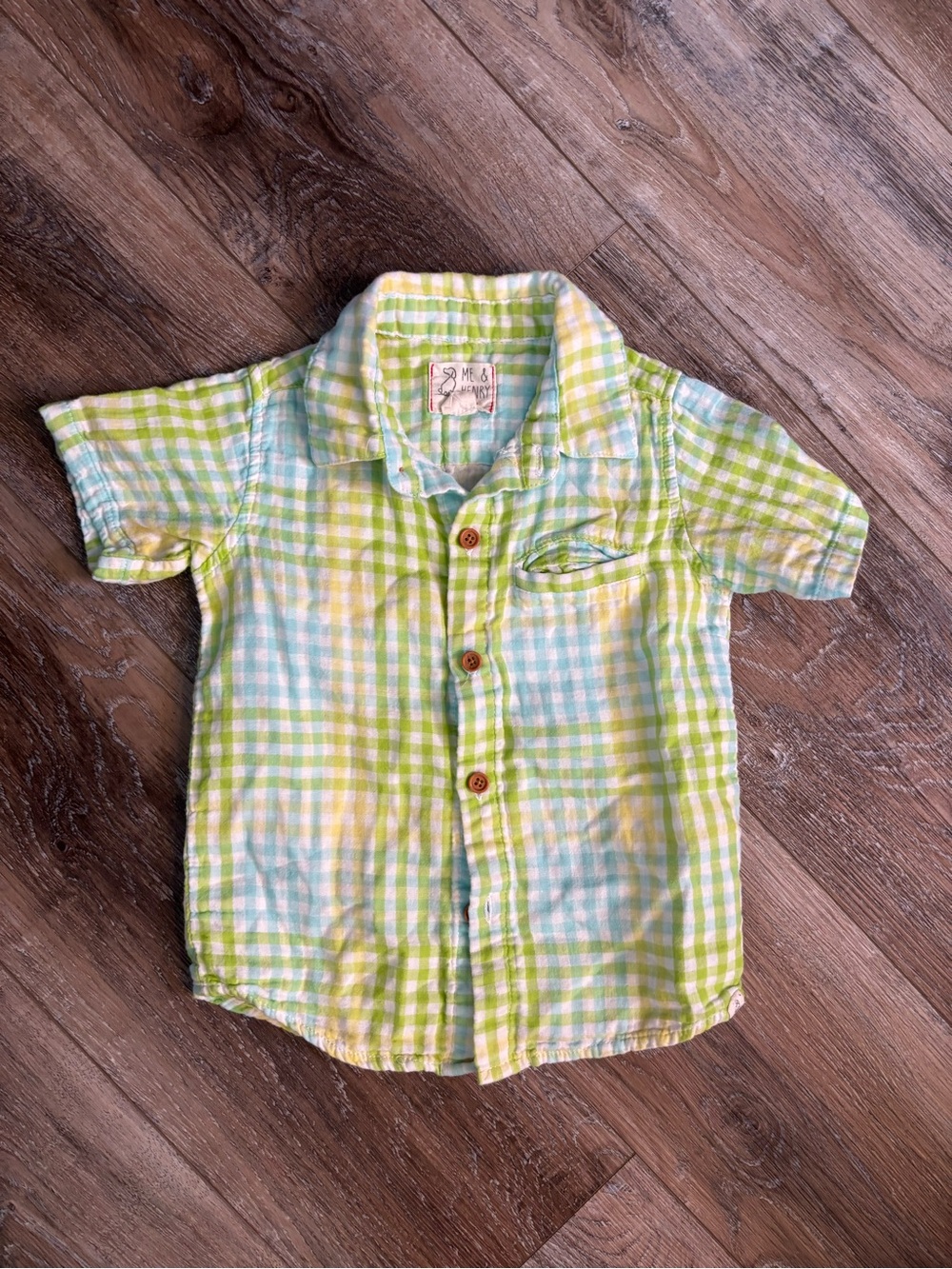 Boys Short Sleeve Plaid Button-Down Shirt - Green & Light Blue muslin cotton 4/5